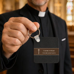 Porte-clés Pasteur d'église Cuir noir chrétien