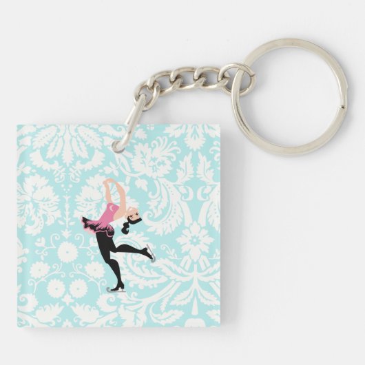 Porte-clés Patinage de glace turquoise de motif de damassé (Dos)