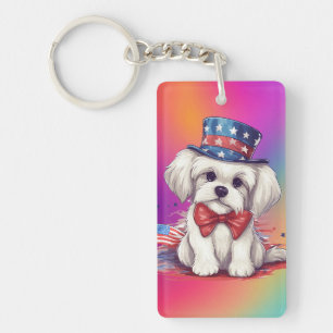 Porte-clés Patriotique 4 juillet Blanc Chiot Mignon-43568