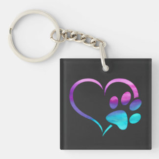 Porte-clés Patte de chien cyan violet Cœur Imprimé