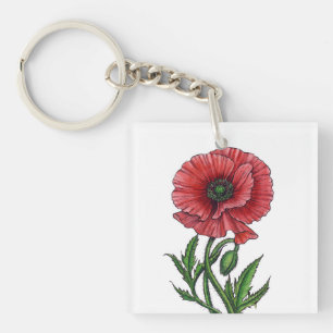 Porte-clés Pavot rouge, aquarelle et encre