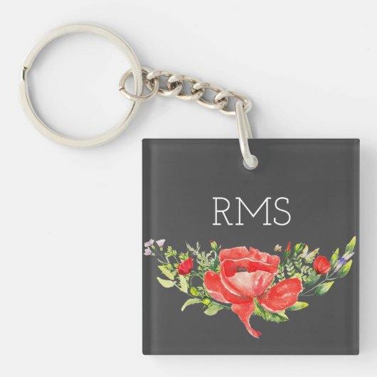Porte-clés Pavot rouge sur gris Monogramme personnalisable (Devant)