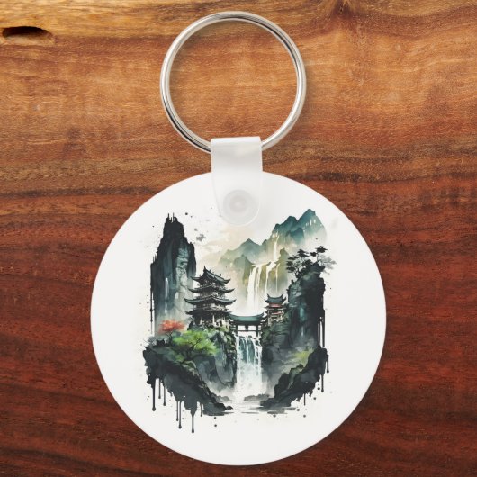 Porte-clés Paysage antique de l'encre chinoise avec cascade (Recto)