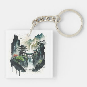 Porte-clés Paysage antique de l'encre chinoise avec cascade