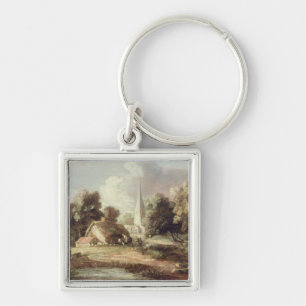 Porte-clés Paysage avec une église, cottage, villageois et