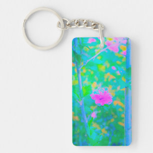 Porte-clés Paysage bleu impressionniste avec fleurs roses
