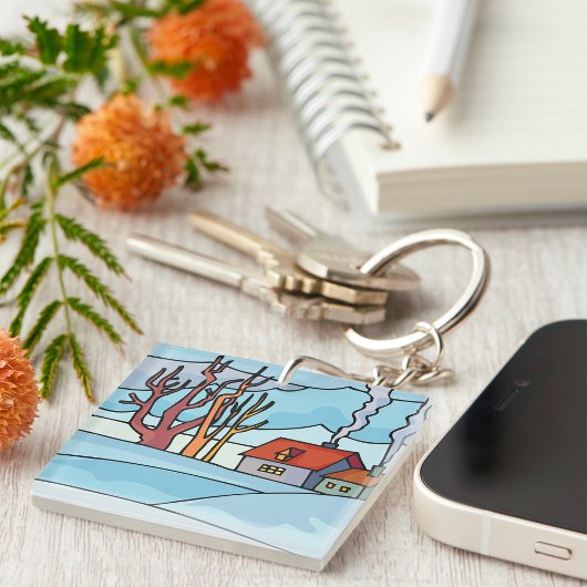 Porte-clés Paysage de maison d'hiver