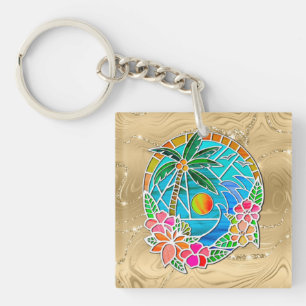 Porte-clés Paysage estival de palmier océanique aqua et or