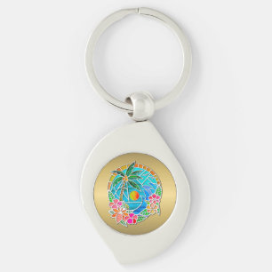 Porte-clés Paysage estival de palmier océanique aqua et or