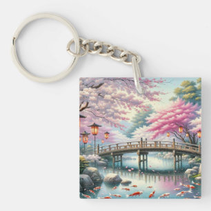 Porte-clés Paysage japonais avec Pont, Koi et Sakura