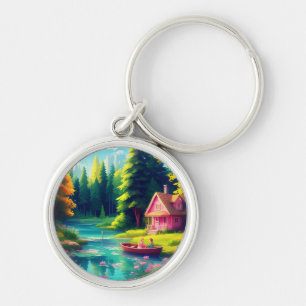 Porte-clés Paysage naturel avec cottage rose-68884