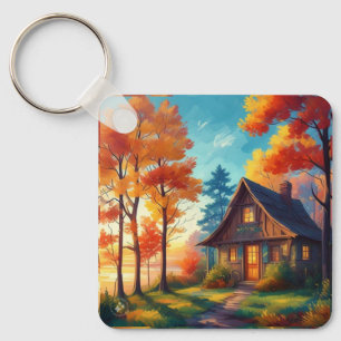 Porte-clés Paysage naturel avec un chalet dans la forêt