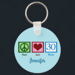 Porte-clés Peace Love 30th Birthday Cute Trente Monogramme<br><div class="desc">Peace Love 30 en vert,  rouge et bleu sur un mignon bouton customisé bleu trentième anniversaire avec votre nom.</div>