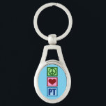 Porte-clés Peace Love PT Thérapie physique<br><div class="desc">Un joli cadeau de kinésithérapeute de Noël avec un joli signe de paix vert,  coeur rouge,  et le PT en bleu pour la thérapie physique. Achetez ce cadeau pour votre kiné préféré.</div>