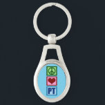 Porte-clés Peace Love PT Thérapie physique<br><div class="desc">Un joli cadeau de kinésithérapeute de Noël avec un joli signe de paix vert,  coeur rouge,  et le PT en bleu pour la thérapie physique. Achetez ce cadeau pour votre kiné préféré.</div>