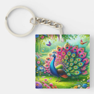 Porte-clés Peacock vibrant dans un Imaginaire Jardin Peinture