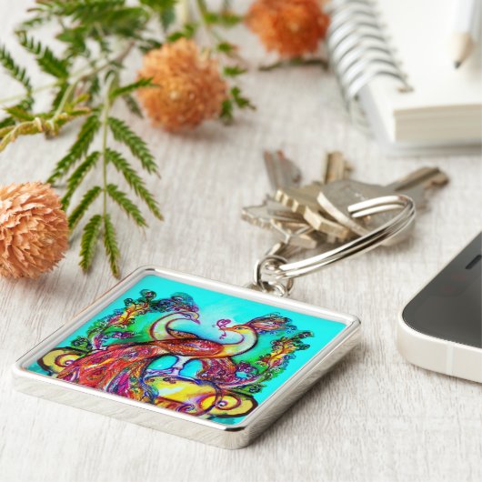 Porte-clés PEACOCKS IN LOVE MONOGRAM rouge bleu turquase vert (Côté)