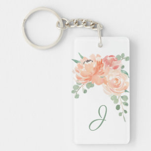 Porte-clés Pêcher l'aquarelle florale avec votre monogramme