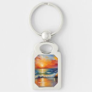 Porte-clés Peinture à l'huile de couché de soleil orange sur