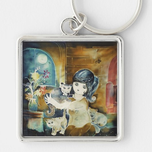 Porte-clés Peinture artistique en soie de Dame aux chats (Devant)
