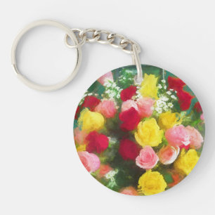Porte-clés Peinture Bouquet Rose - Jolie Art Fleur Originale