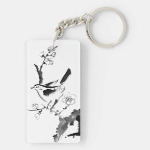 Porte-clés Peinture chinoise, fleur de prune et oiseau
