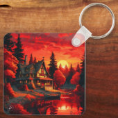 Porte-clés Peinture coucher de soleil avec chalet et lac-6663 (Verso)