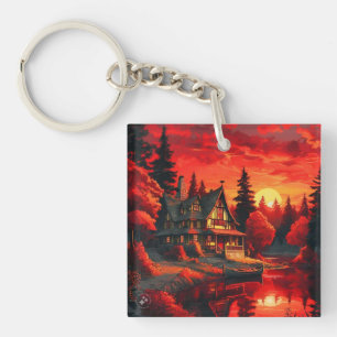 Porte-clés Peinture coucher de soleil avec chalet et lac-6663