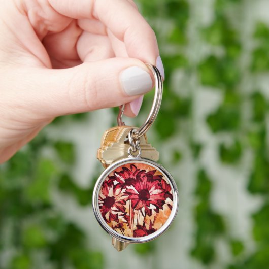 Porte-clés Peinture d'art rustique à fleurs rouges (main)