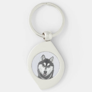 Porte-clés Peinture de chien Husky sibérien (noir et blanc) A