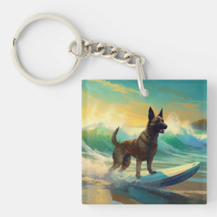 Porte-clés Peinture de Surf sur Plage avec Malinois Belge