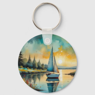Porte-clés peinture de voilier au coucher du soleil