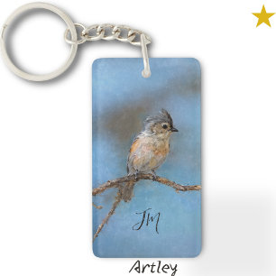 Porte-clés Peinture d'oiseau Tufted bleu Tiré initial personn