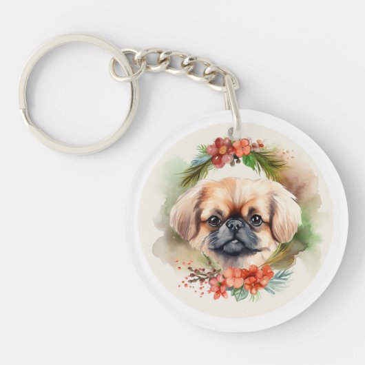 Porte-clés Pekingese Christmas Wreath Festive Pup (Devant)