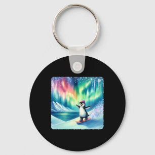 Porte-clés Penguin Snowboard Sous Aurora Boreali Coloré