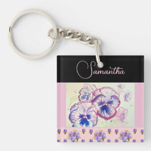 Porte-clés Pensées roses aquarelle fleur art floral