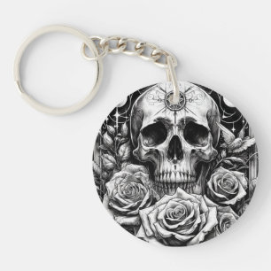 Porte-clés Pentacle Occulte Crâne de Squelette & Roses 