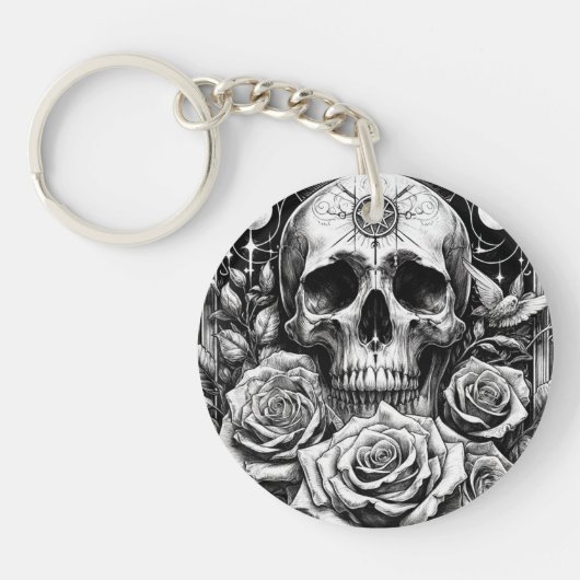 Porte-clés Pentacle Occulte Crâne de Squelette & Roses (Devant)