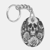 Porte-clés Pentacle Occulte Squelette Crâne et Rose (Devant gauche)