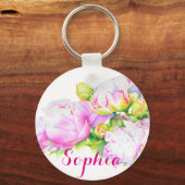 Porte-clés Peonis, rose, blanc, aquarelle peinture florale (Recto)