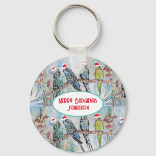 Porte-clés Père Noël Budgie Noël aquarelle peinture oiseau