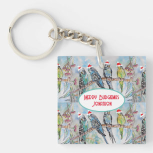Porte-clés Père Noël Budgie Noël aquarelle peinture oiseau