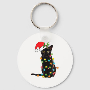 Porte-clés Père Noël chat noir empêtré dans les lumières de N