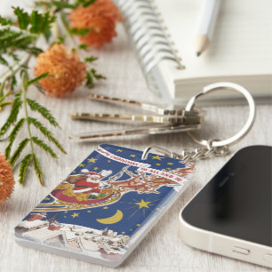 Porte-clés Père Noël de Noël vintage avec rennes volants