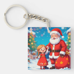 Porte-clés Père Noël et fille avec un sac de cadeaux