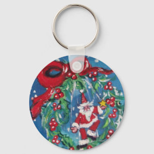 PORTE-CLÉS PÈRE NOËL ET NOËL COURONNE DE NUIT AVEC RIBBON ROU