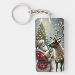 Porte-clés Père Noël Et Reindeer, Forêt Neige, Arbre De Noël