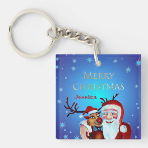 Porte-clés Père Noël magique aquarelle Rudolph souriant
