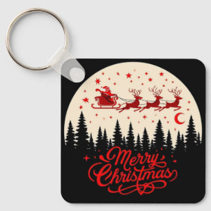 Porte-clés Père Noël Sleigh Joyeux Noël Forêt Scène Art"