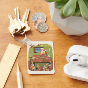 Porte-clés Père Noël vintage de Noël avec des lutins dans l'a